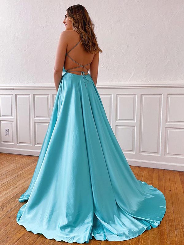 blue prom dresses with slits up the side purple and blue dress Lace-Up Long Beaded Prom Dress with Side Slit Navy / 10