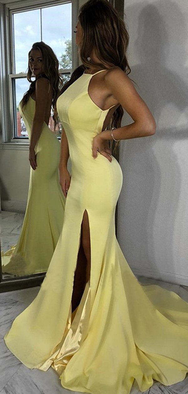 Sexy Halter Light Yellow Backless Side Slit Mermaid Long Evening Prom – AlineBridal Sexy Halter Light Yellow Backless Side Slit Mermaid Long Evening Prom – AlineBridal