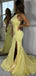 Sexy Halter Light Yellow Backless Side Slit Mermaid Long Evening Prom Dresses, PD0003
