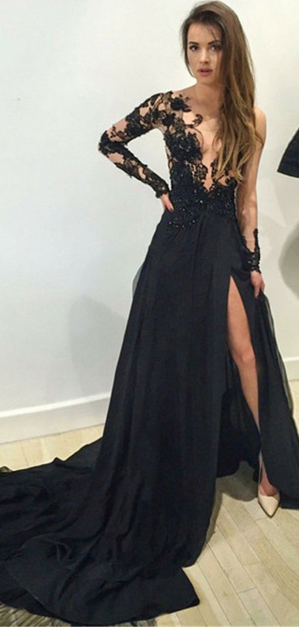 long lace black dress Elegant One Shoulder Sleeveless Prom Dresses With Sit offering a secure and comfortable fit similar to a custom Black Lace Applique Side Slit