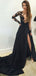 Black Lace Applique Side Slit A Line With Train Long Evening Prom Dresses, PD0016