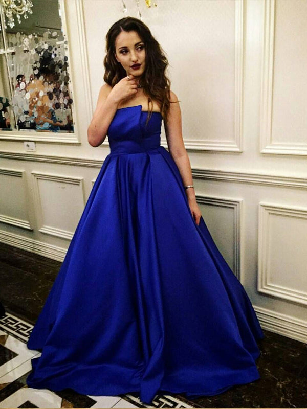 Irregular Royal Blue Strapless Satin A Line Long Evening Prom Dresses, AlineBridal Irregular Royal Blue Strapless Satin A Line Long Evening Prom Dresses, AlineBridal