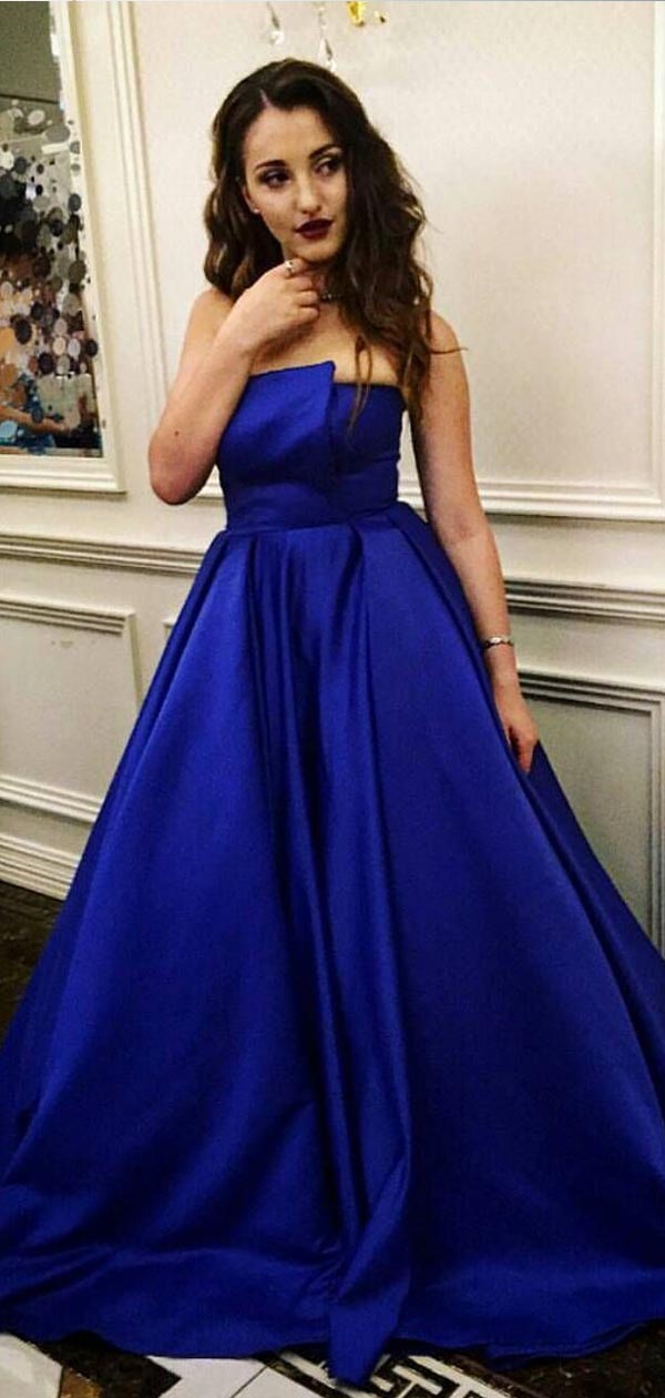 Irregular Royal Blue Strapless Satin A Line Long Evening Prom Dresses, AlineBridal Irregular Royal Blue Strapless Satin A Line Long Evening Prom Dresses, AlineBridal