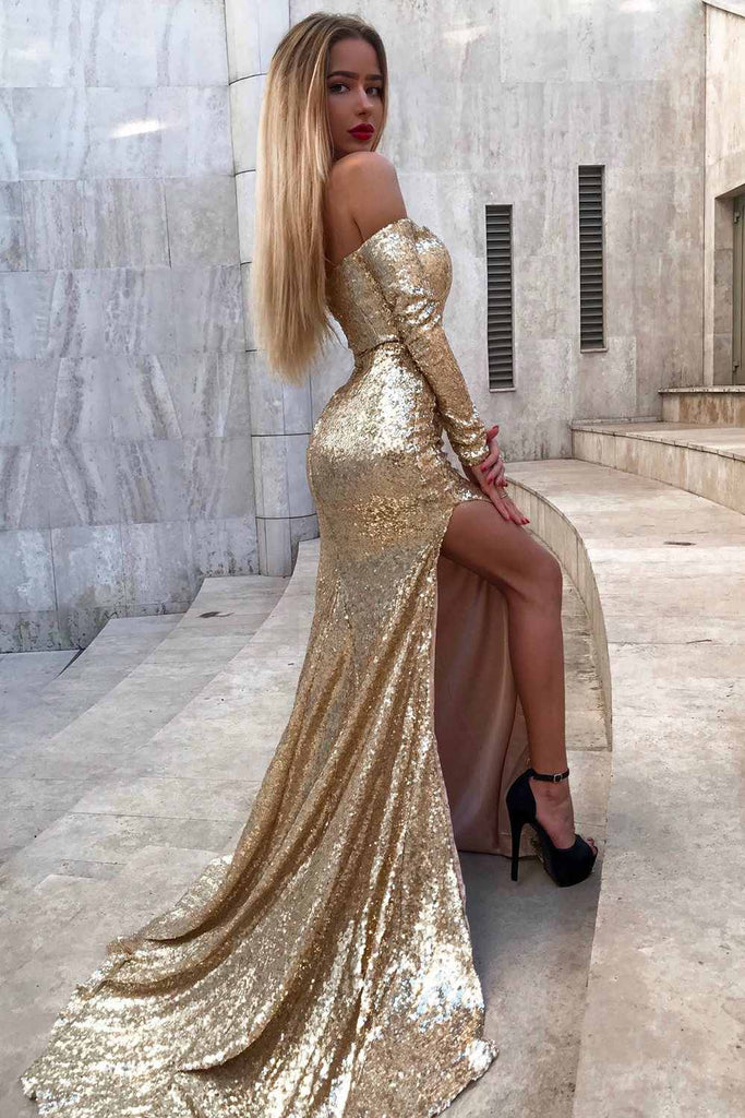 Sparkly Off Shoulder Long Sleeves Sequin Mermaid Evening Prom Dresses, PD0031