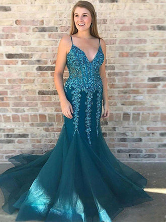 A-line Floor-length Straps Lace Appliques Long Tulle Prom Dresses, PD1044