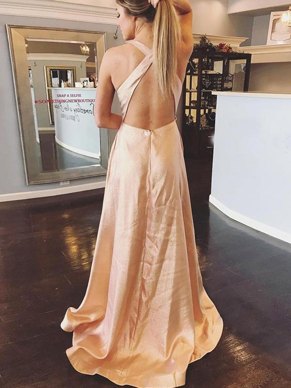 Pretty V Neck Criss Cross Open Back Satin A Line Long Evening Prom Dre AlineBridal Pretty V Neck Criss Cross Open Back Satin A Line Long Evening Prom Dre AlineBridal
