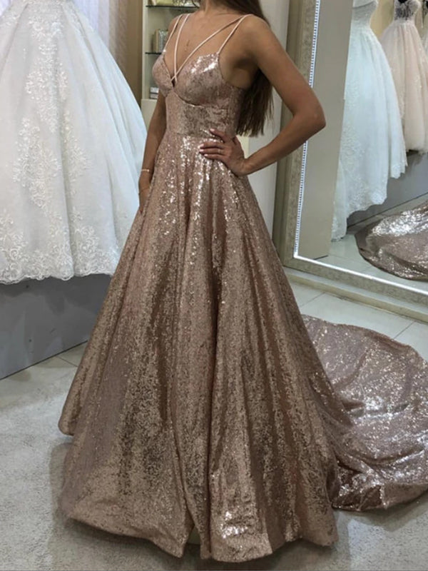 Sparkly Spaghetti Strap Sequin A Line Evening Gown Long Prom Dresses, PD0034