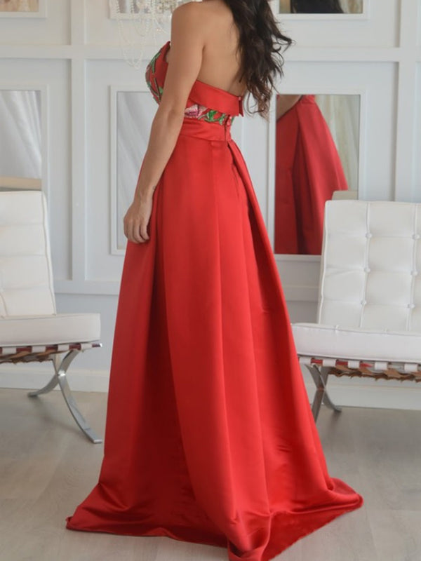 Red Floral Strapless Satin Open Back A Line Long Evening Prom Dresses, PD0035