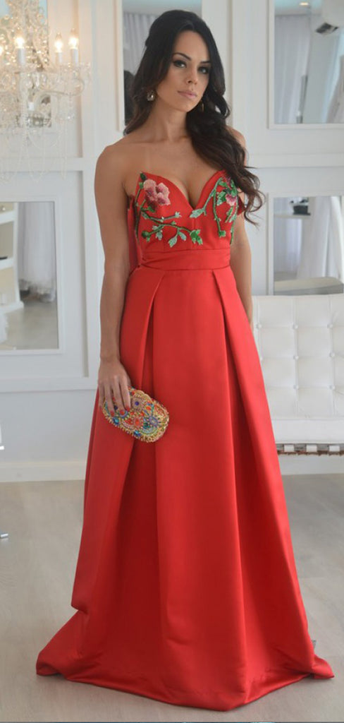 Red Floral Strapless Satin Open Back A Line Long Evening Prom Dresses, PD0035