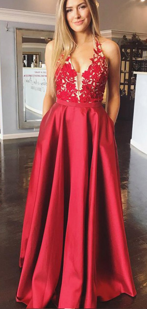 Halter Red Lace Applique Satin A Line Backless Long Evening Prom Dress AlineBridal Halter Red Lace Applique Satin A Line Backless Long Evening Prom Dress AlineBridal