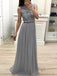 Gray Round Neck Lace Top Chiffon A Line Long Evening Prom Dresses, PD0008