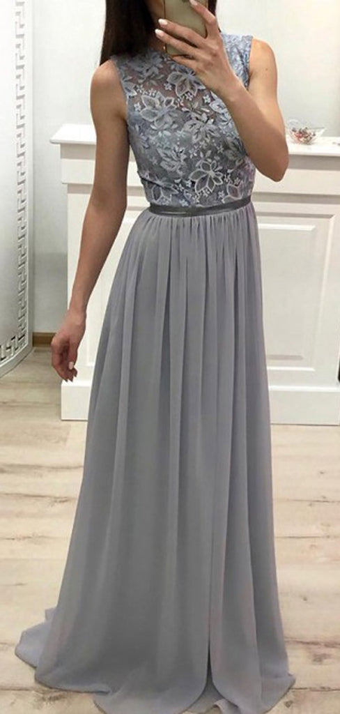 Gray Round Neck Lace Top Chiffon A Line Long Evening Prom Dresses, PD0008