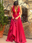 Simple Rose Red Deep V Neck Open Back A Line Long Evening Prom Dresses, PD0009