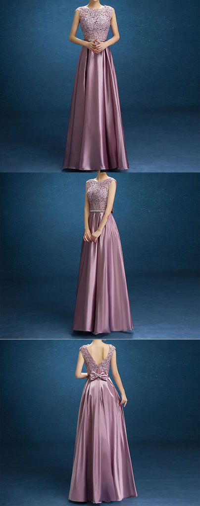 Elegant Purple Lace Satin With Bow Knot V-back Sleeveless A-line Prom Dresses,PD00021