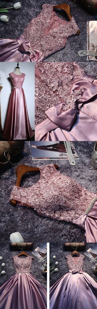 Elegant Purple Lace Satin With Bow Knot V-back Sleeveless A-line Prom Dresses,PD00021
