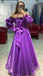 Purple Off-shoulder Long-sleeves A-line Laser Chiffon With Bow Tie Prom Dress, PD3349