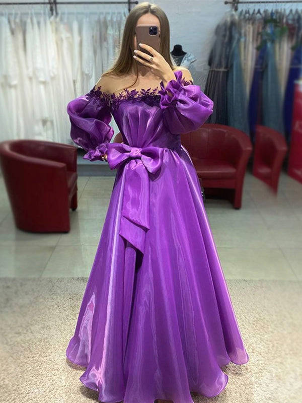 Purple Off-shoulder Long-sleeves A-line Laser Chiffon With Bow Tie Pro AlineBridal Purple Off-shoulder Long-sleeves A-line Laser Chiffon With Bow Tie Pro AlineBridal