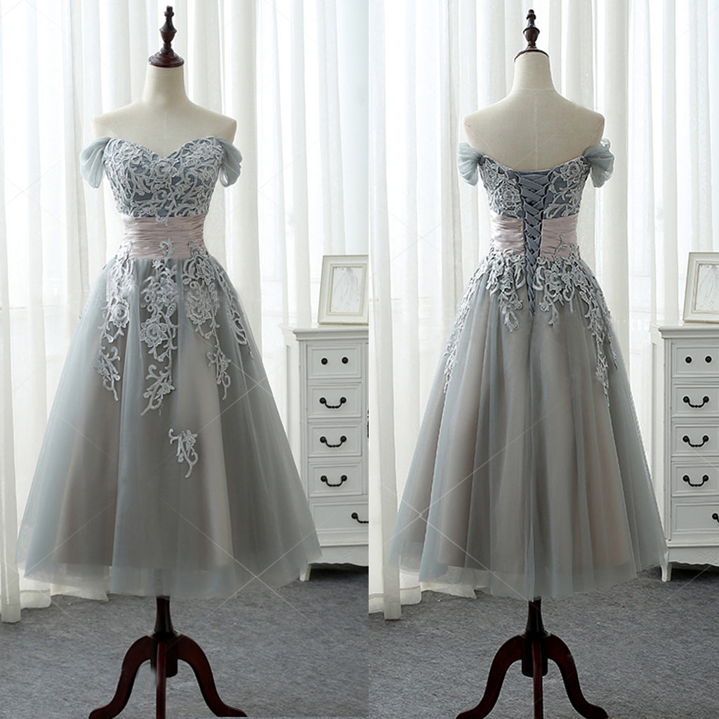 Elegant A-line Off Shoulder Lace Appliques Tea-Length Bridesmaid Dress, AB1169