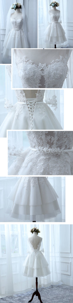 White Lace Half Sleeve Ruffles Tiered Skirts Short Wedding Bridesmaid Dress,BD00213