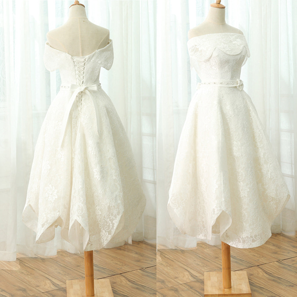 Elegant Petal Off Shoulder Tea-length Full Lace Beading Wedding Dresses,BD00212