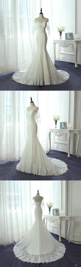 Unique Half Sleeve Yarn Lace Up Back Full Lace Beading Elegant Mermaid  Chapel Trailing Wedding Dress, AB1103