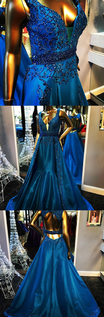 Gorgeous Royal Blue Beading Rhinestone Ball Gown Backless Formal Evening Party Prom Dresses,PD00031