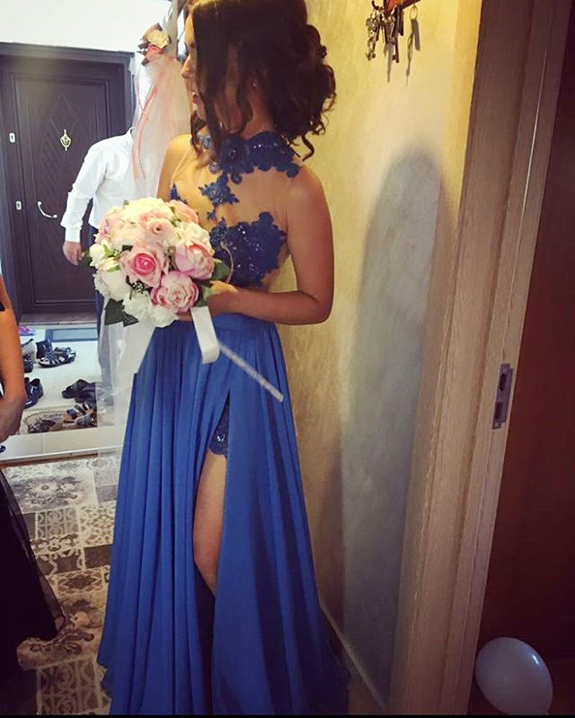 Blue Sexy See-Through Tulle Lace Appliques With Sequins High Neck  Side Slit Prom Dresses ,PD00032
