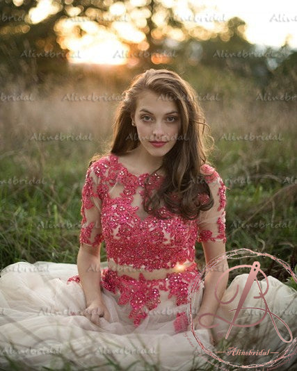 Two Pieces Hot Pink Lace Rhinestone Half Sleeve Elegant Long A-line Pr AlineBridal Two Pieces Hot Pink Lace Rhinestone Half Sleeve Elegant Long A-line Pr AlineBridal