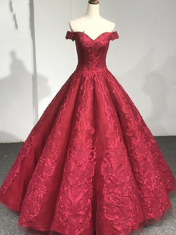 Red Lace Off The Shoulder Princess Ball Gown Gorgeous Prom Dresses PD AlineBridal