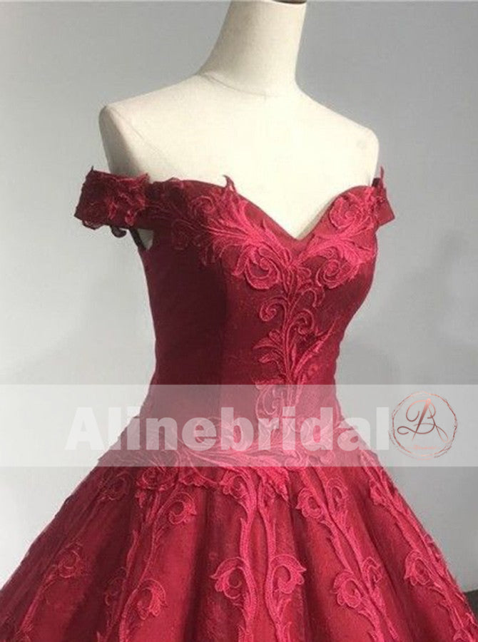 Red Lace Off The Shoulder Princess Ball Gown Gorgeous Prom Dresses ,PD00093