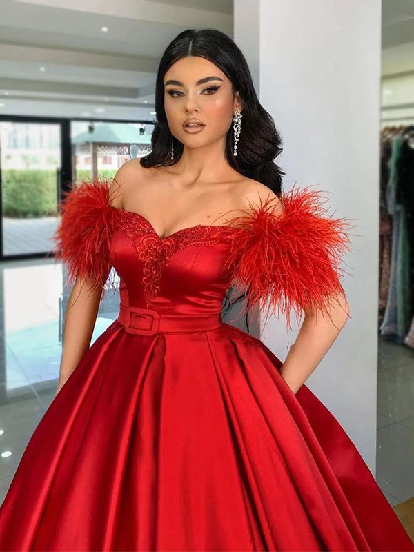 Red Elegant Formal Off-shoulder Feather Top A-line Long Prom Dress, PD AlineBridal Red Elegant Formal Off-shoulder Feather Top A-line Long Prom Dress, PD AlineBridal