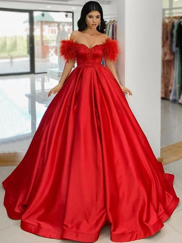 Red Elegant Formal Off-shoulder Feather Top A-line Long Prom Dress, PD AlineBridal Red Elegant Formal Off-shoulder Feather Top A-line Long Prom Dress, PD AlineBridal