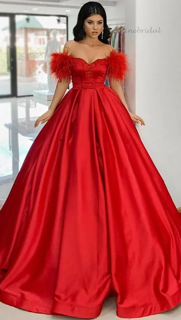 Red Elegant Formal Off-shoulder Feather Top A-line Long Prom Dress, PD AlineBridal Red Elegant Formal Off-shoulder Feather Top A-line Long Prom Dress, PD AlineBridal