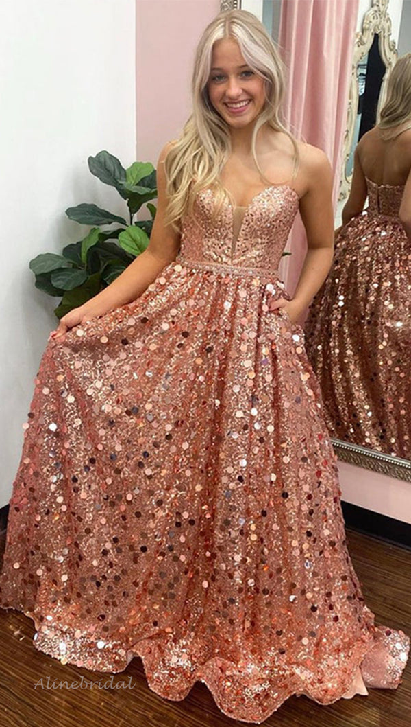 Rose Gold Strapless Sweetheart Sparkly A-line Long Prom Dress, PD3378 AlineBridal Rose Gold Strapless Sweetheart Sparkly A-line Long Prom Dress, PD3378 AlineBridal