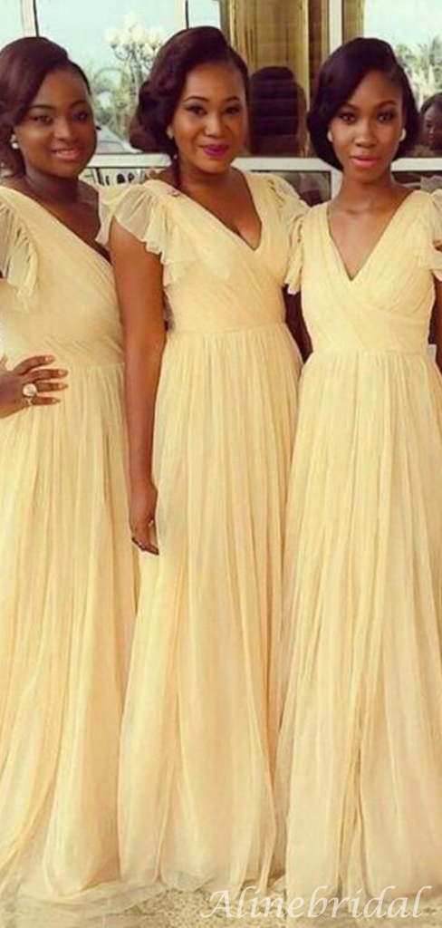 Ruffle Sleeve V-neck A-line Tulle Long Bridesmaid Dress, BD3062