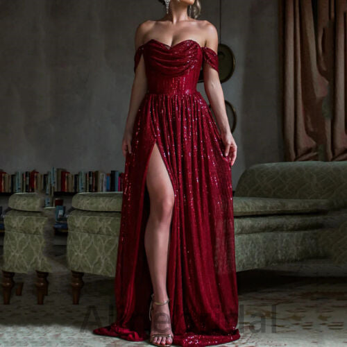 Elegant Off shoulder Sleeveless Side slit A-line Long Prom Dress, PD3610