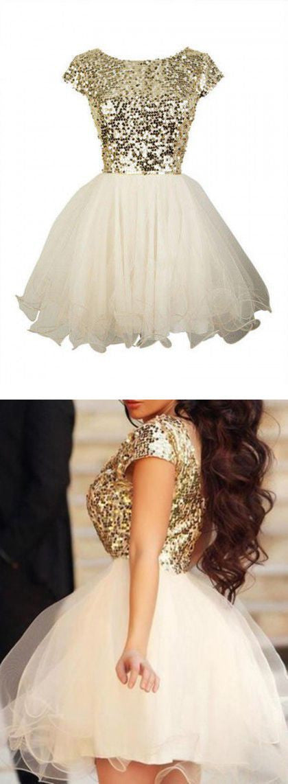 Gold sequin short sleeve Tulle homecoming prom dresses, CM0012 AlineBridal Gold sequin short sleeve Tulle homecoming prom dresses, CM0012 AlineBridal