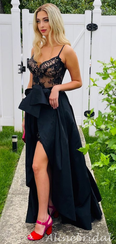 Sexy Black Lace V-neck Spaghetti Strap Side Slit Long Prom Party Dress, PD3090
