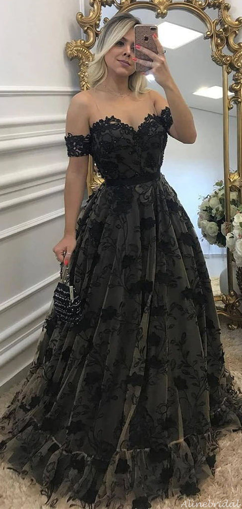Sexy Black Off-shoulder Sweetheart Full Lace A-line Long Prom Dress, PD3133