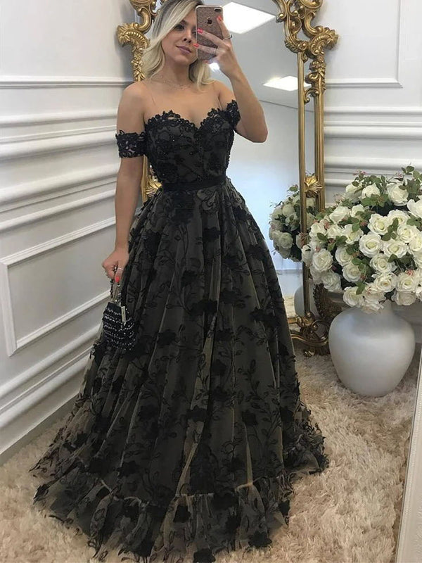 sexy black lace dress Sexy Black Off-shoulder Sweetheart Full Lace A-line Long Prom Dress, A – AlineBridal
