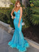 Sexy Bright Blue Spaghetti Straps Mermaid Feather Decorates Prom Dress, PD3320