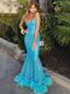 Sexy Bright Blue Spaghetti Straps Mermaid Feather Decorates Prom Dress, PD3320