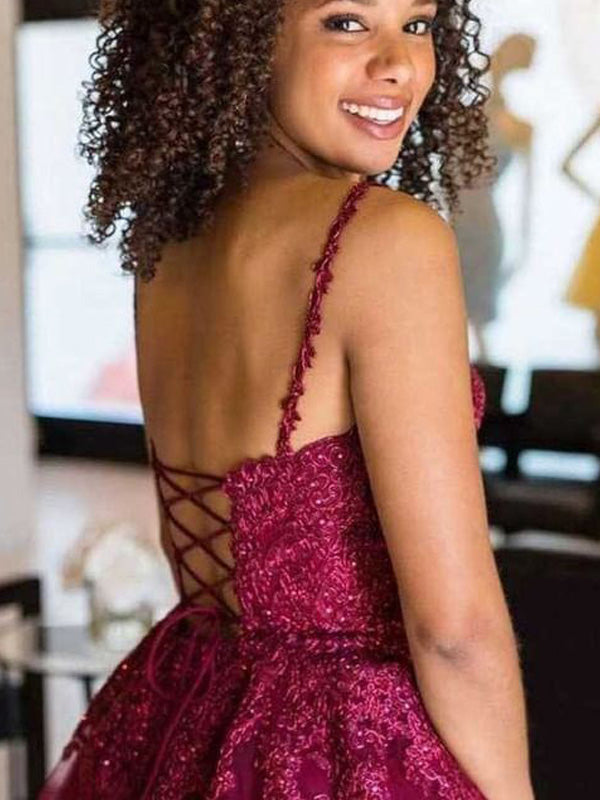 Sexy Burgundy Lace Sequin Spaghetti Strap V-neck A-line Short Homecoming Dress, HD3031