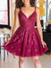 Sexy Burgundy Lace Sequin Spaghetti Strap V-neck A-line Short Homecoming Dress, HD3031