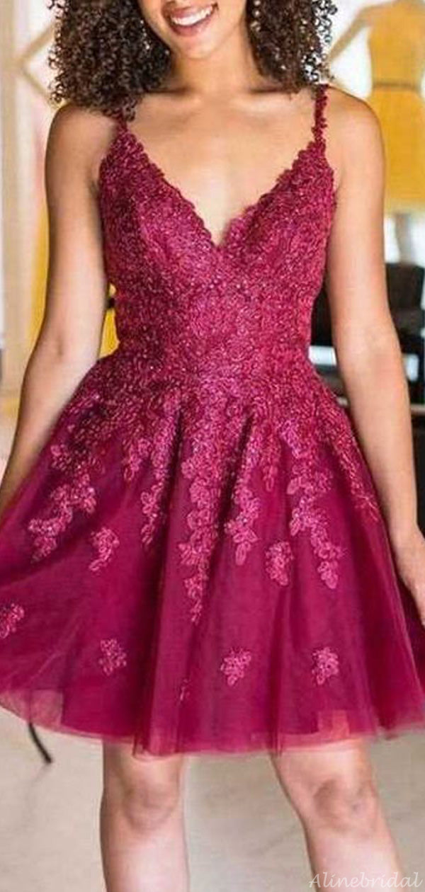 Sexy Burgundy Lace Sequin Spaghetti Strap V-neck A-line Short Homecomi – AlineBridal Sexy Burgundy Lace Sequin Spaghetti Strap V-neck A-line Short Homecomi – AlineBridal