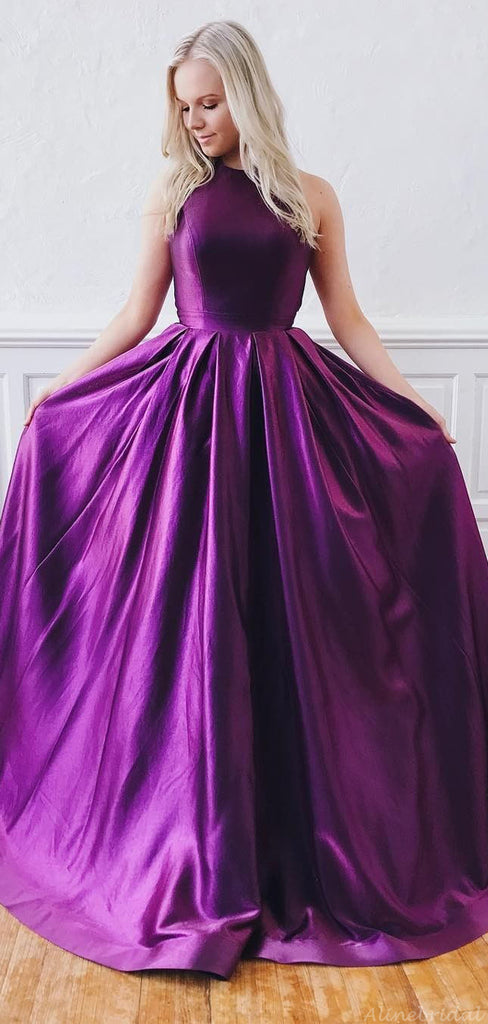 Sexy Dark Purple Jewel Neck Backless A-line Long Prom Dress, PD3122