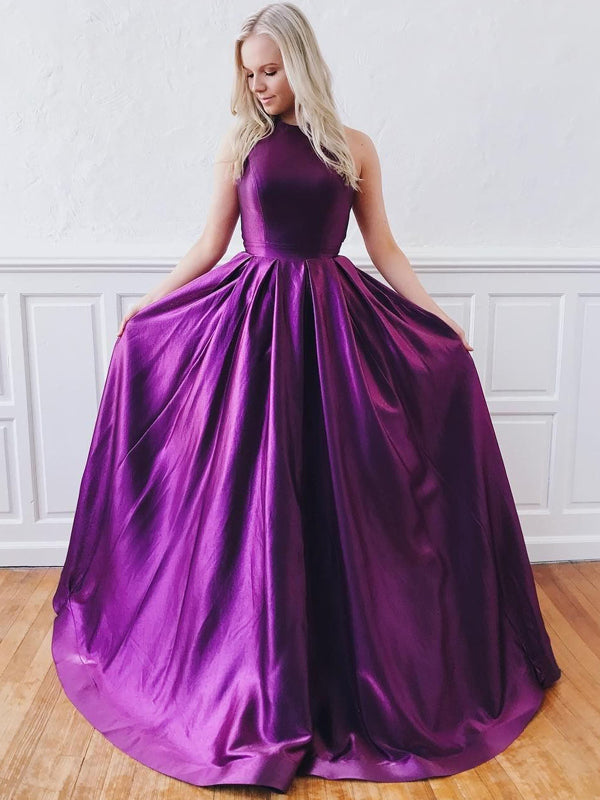 Sexy Dark Purple Jewel Neck Backless A-line Long Prom Dress, PD3122