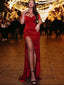 Sexy Dark Red Off-shoulder Side-slit Mermaid Long Prom Dress, PD3385