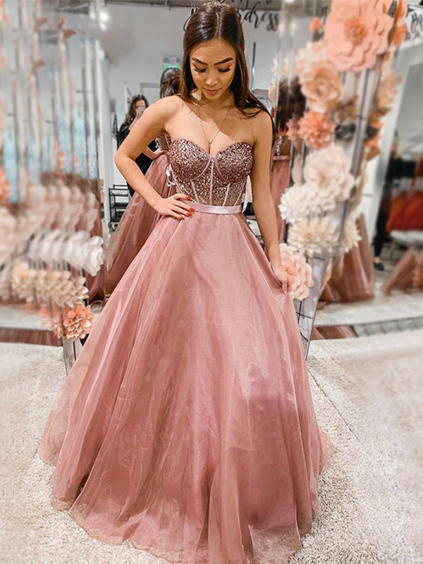 Sexy Dusty Rose Swwetheart Strapless Sparkly Top A-line Long Prom Dres AlineBridal Sexy Dusty Rose Swwetheart Strapless Sparkly Top A-line Long Prom Dres AlineBridal