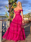 Sexy Fuschia Off-shoulder Sweetheart Ruffle Tulle A-line Long Prom Dress, PD3318